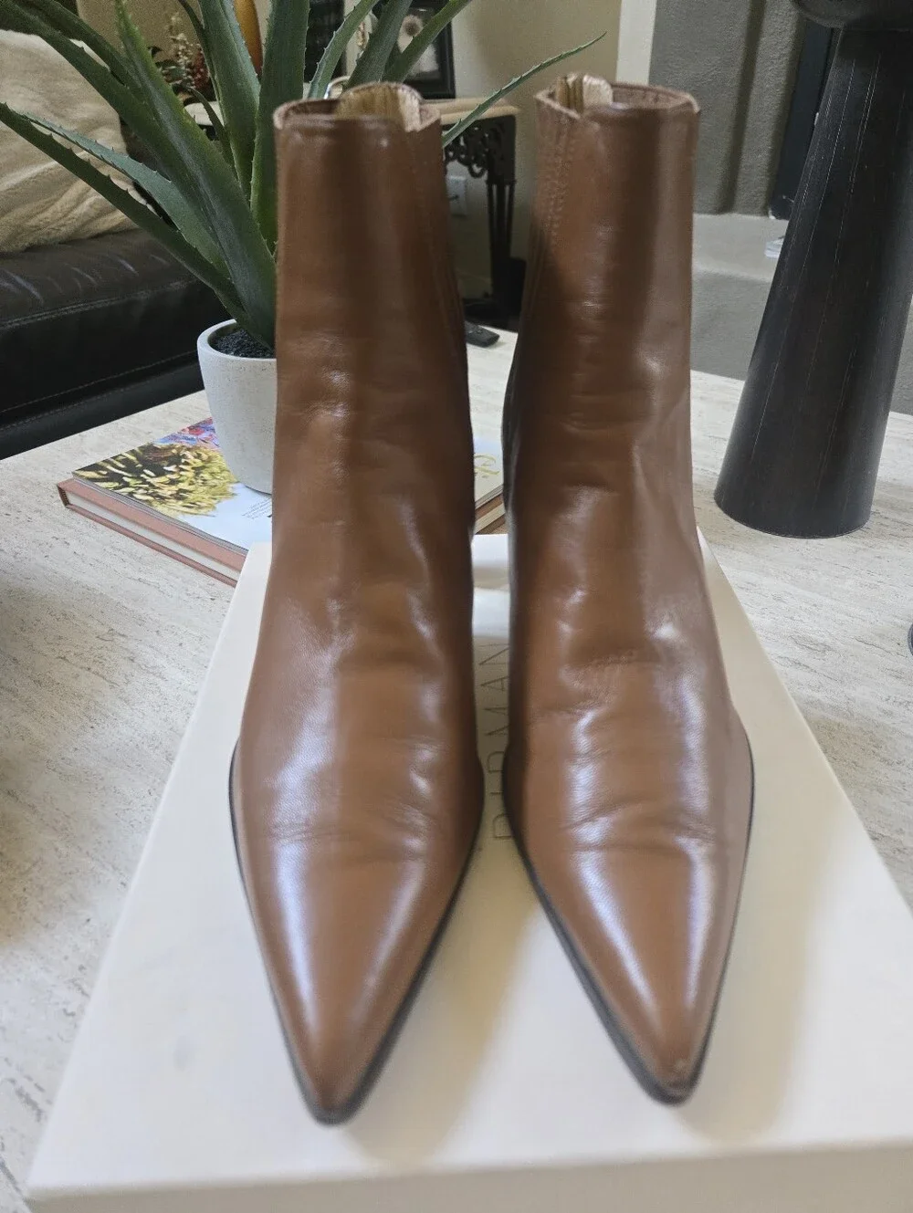 *Birman* Bravo Ankle Bootie with Clear Block Heel In Cognac Leather - Size 9/40